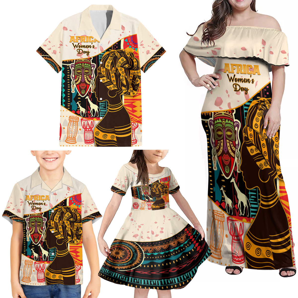 Africa International Women Day Family Matching Off Shoulder Maxi Dress and Hawaiian Shirt African Pattern - Wonder Print Shop