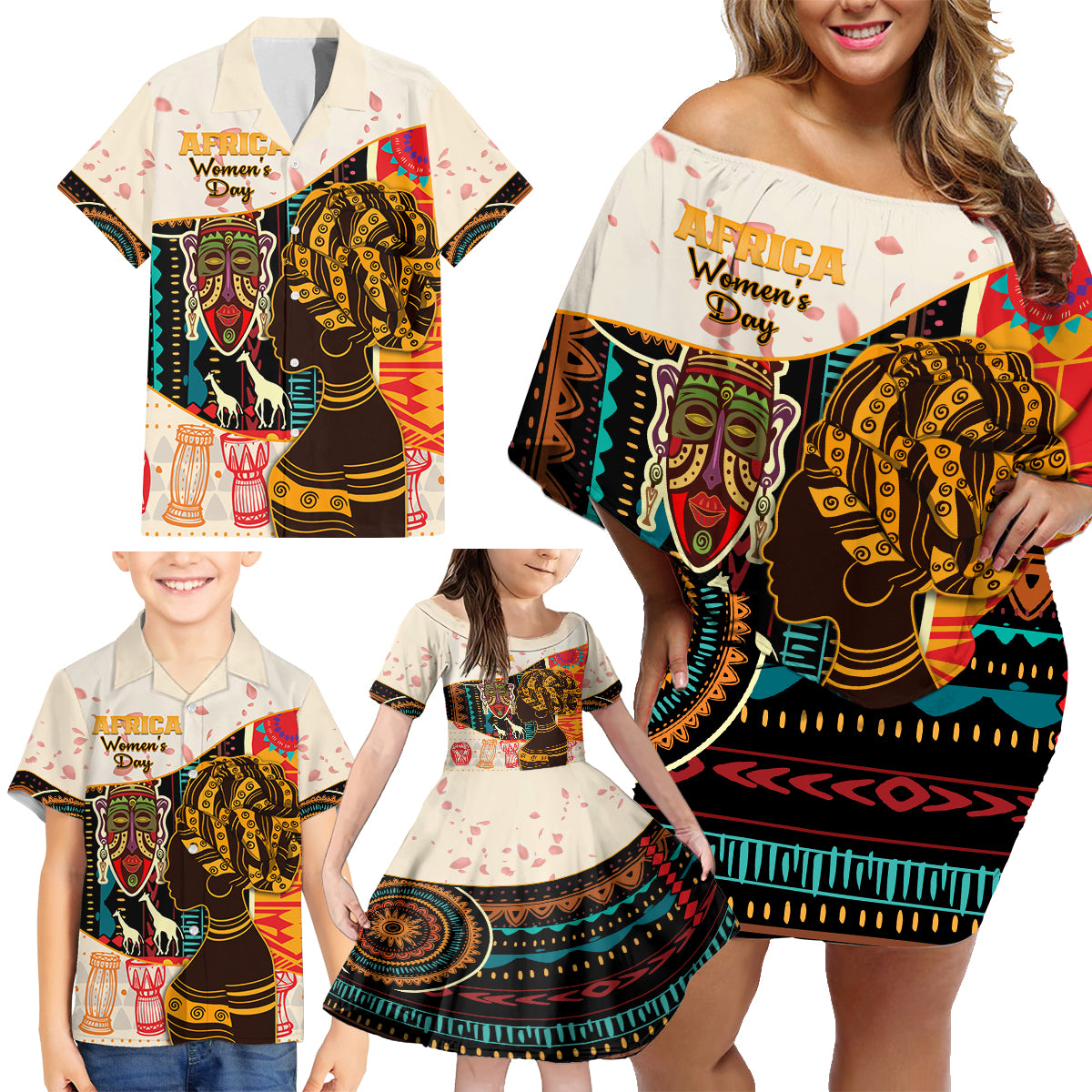 Africa International Women Day Family Matching Off Shoulder Short Dress and Hawaiian Shirt African Pattern - Wonder Print Shop