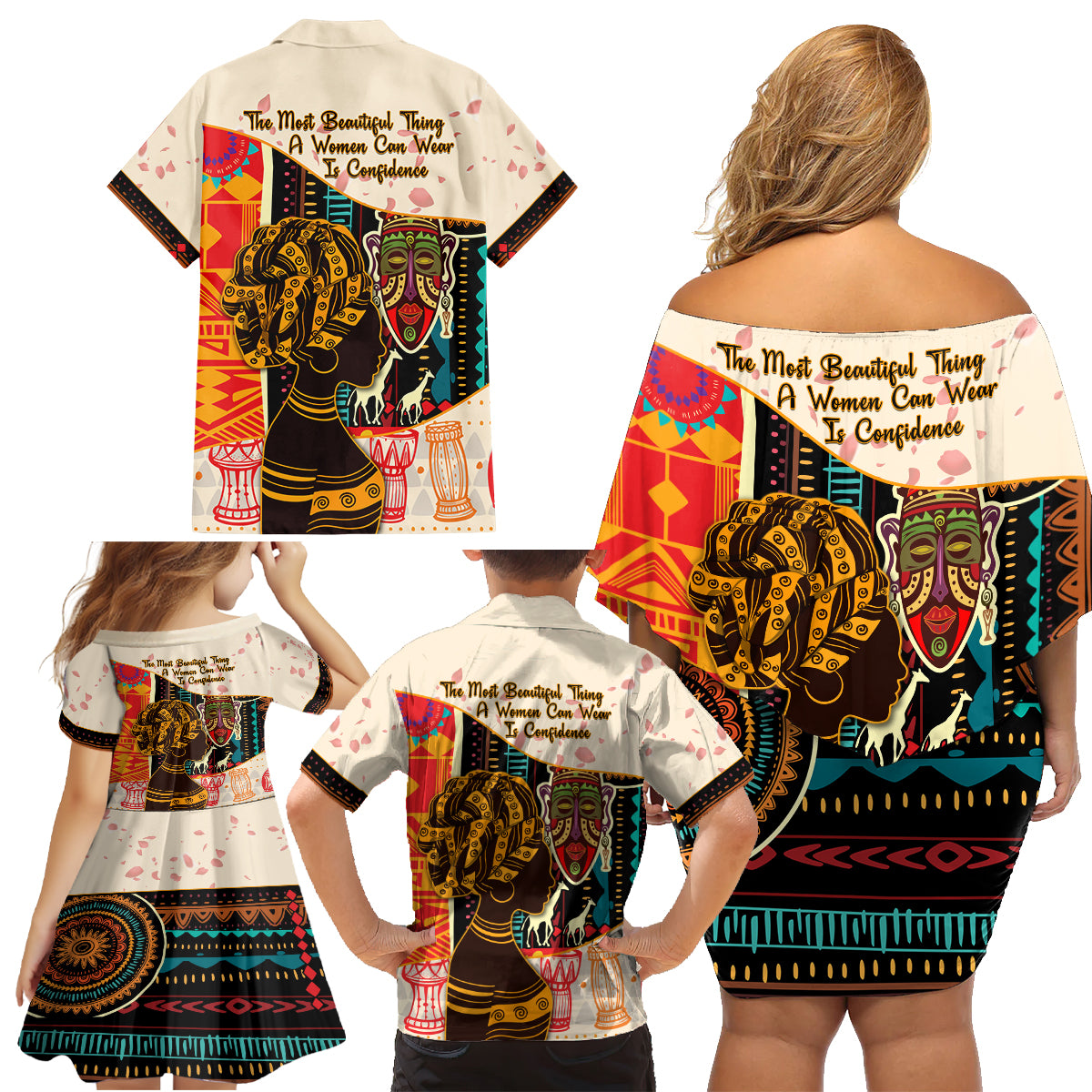 Africa International Women Day Family Matching Off Shoulder Short Dress and Hawaiian Shirt African Pattern - Wonder Print Shop