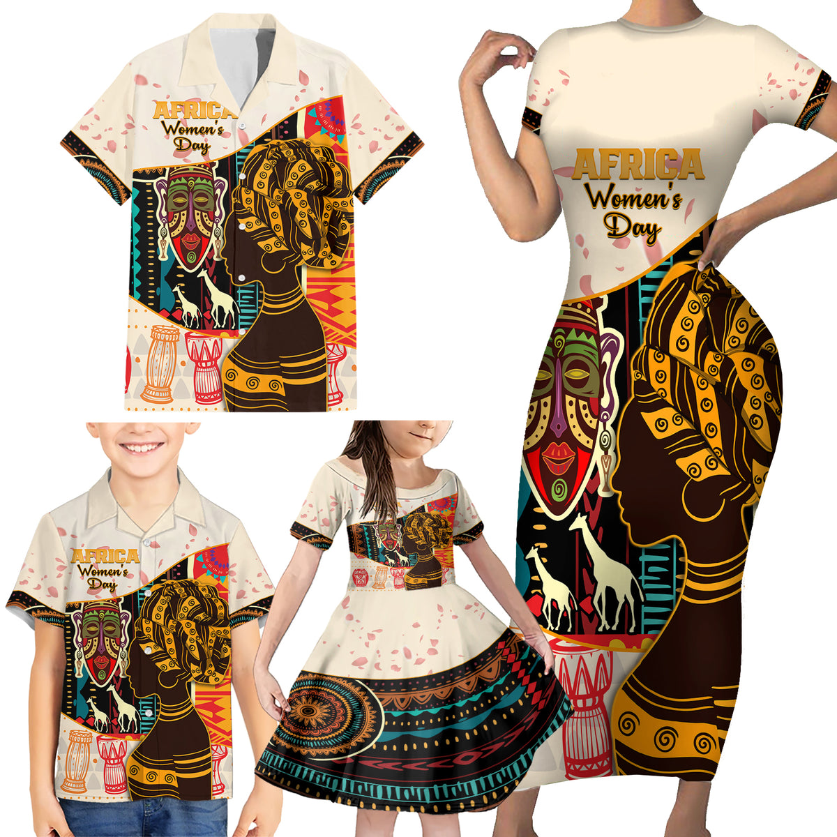 Africa International Women Day Family Matching Short Sleeve Bodycon Dress and Hawaiian Shirt African Pattern - Wonder Print Shop