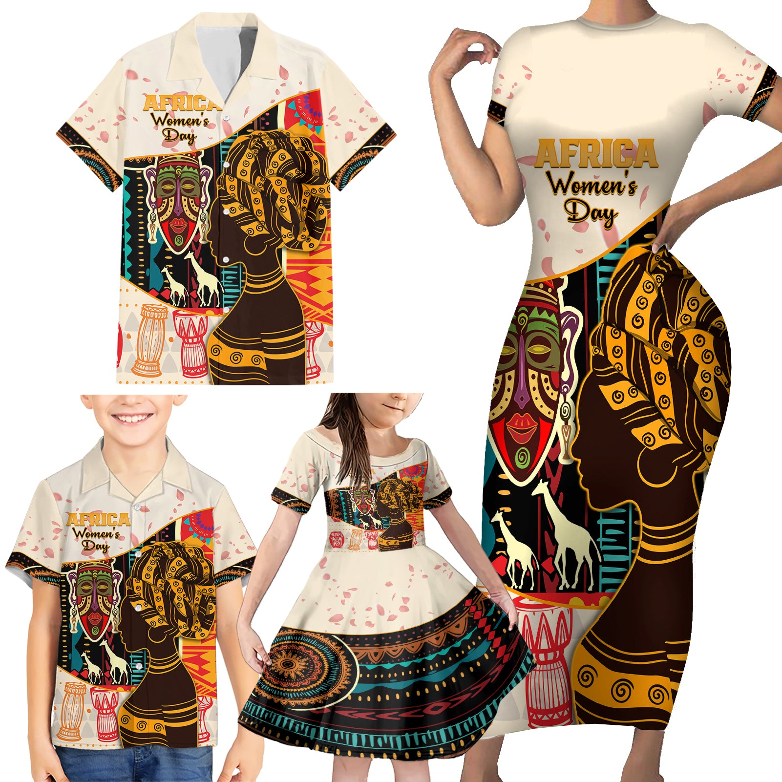 Africa International Women Day Family Matching Short Sleeve Bodycon Dress and Hawaiian Shirt African Pattern - Wonder Print Shop