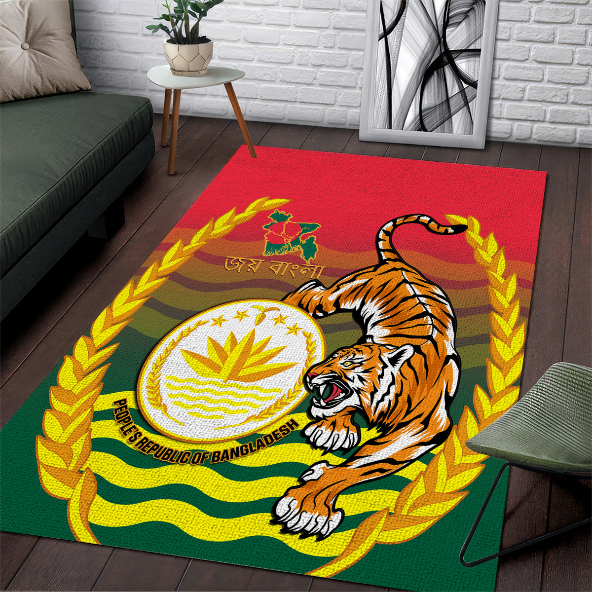 Bangladesh Independence Day Area Rug Royal Bengal Tiger With Coat Of Arms - Wonder Print Shop