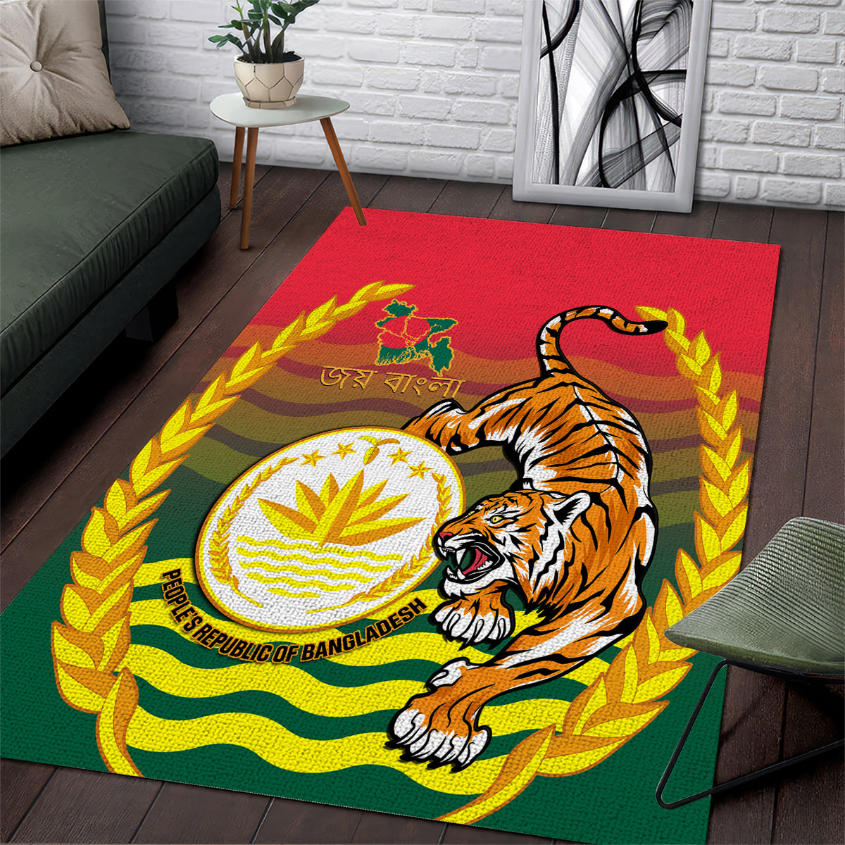 Bangladesh Independence Day Area Rug Royal Bengal Tiger With Coat Of Arms