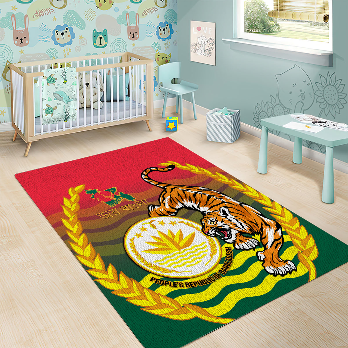 Bangladesh Independence Day Area Rug Royal Bengal Tiger With Coat Of Arms - Wonder Print Shop