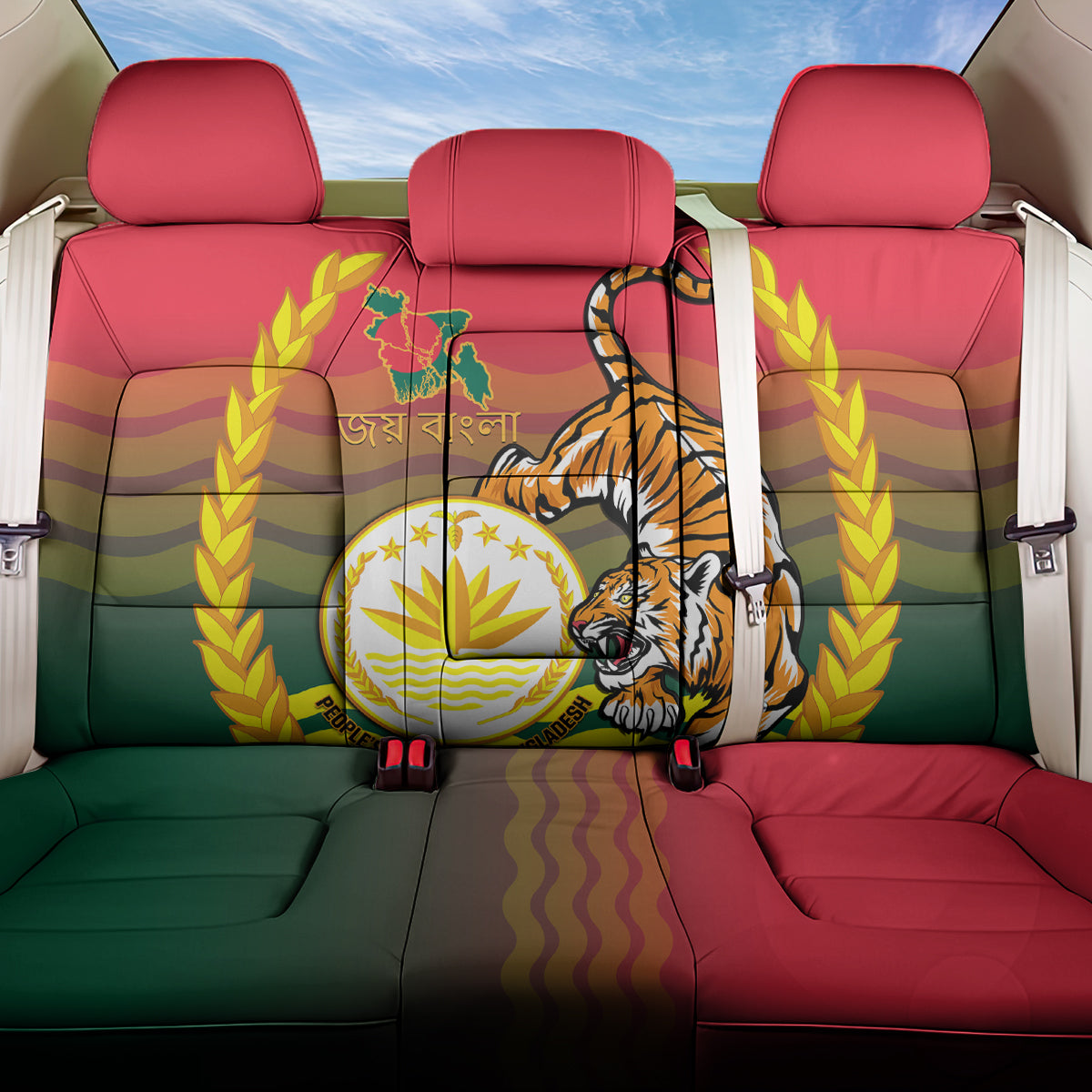 Bangladesh Independence Day Back Car Seat Cover Royal Bengal Tiger With Coat Of Arms - Wonder Print Shop