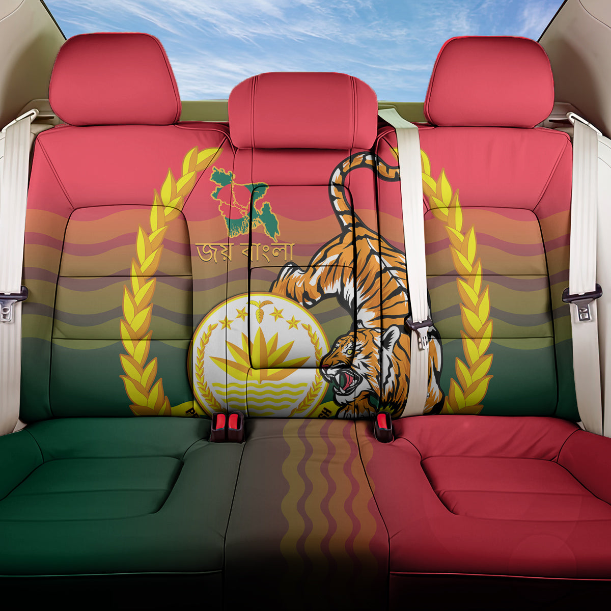 Bangladesh Independence Day Back Car Seat Cover Royal Bengal Tiger With Coat Of Arms