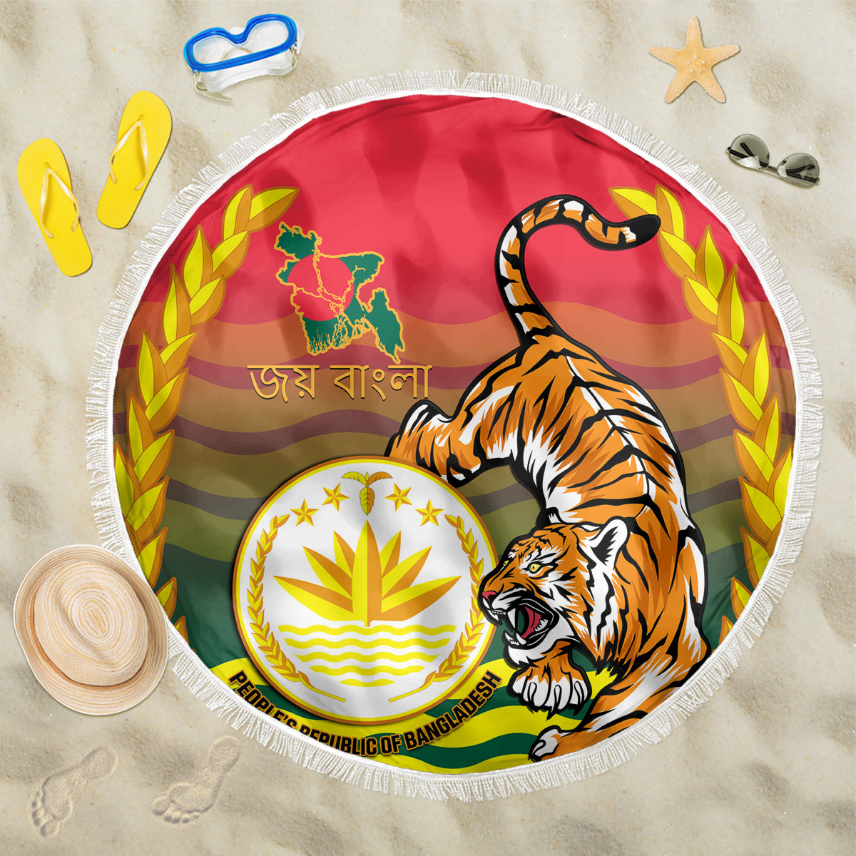 Bangladesh Independence Day Beach Blanket Royal Bengal Tiger With Coat Of Arms