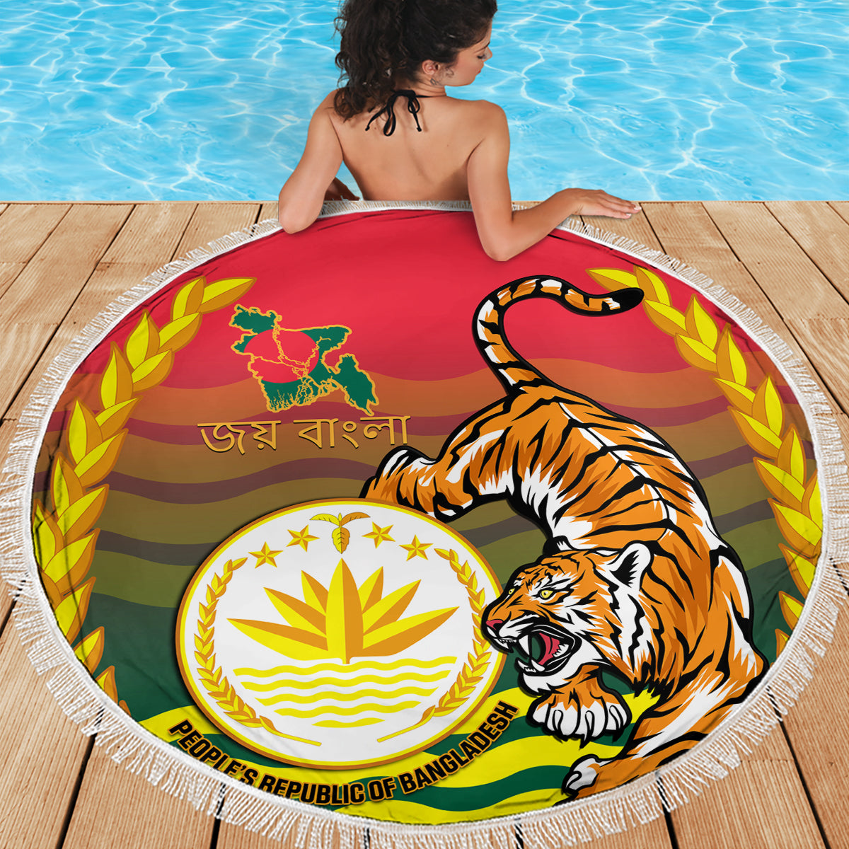 Bangladesh Independence Day Beach Blanket Royal Bengal Tiger With Coat Of Arms - Wonder Print Shop