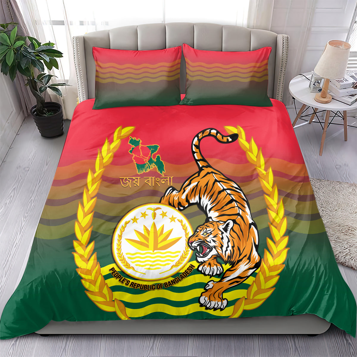 Bangladesh Independence Day Bedding Set Royal Bengal Tiger With Coat Of Arms - Wonder Print Shop
