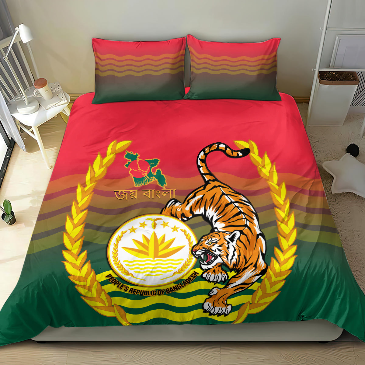 Bangladesh Independence Day Bedding Set Royal Bengal Tiger With Coat Of Arms - Wonder Print Shop