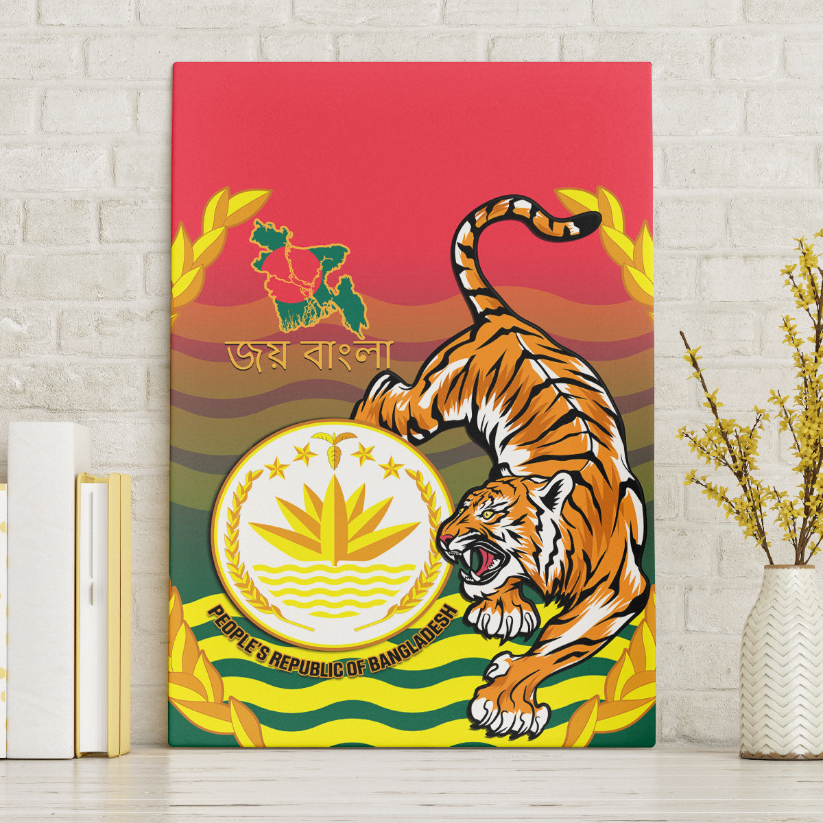 Bangladesh Independence Day Canvas Wall Art Royal Bengal Tiger With Coat Of Arms - Wonder Print Shop