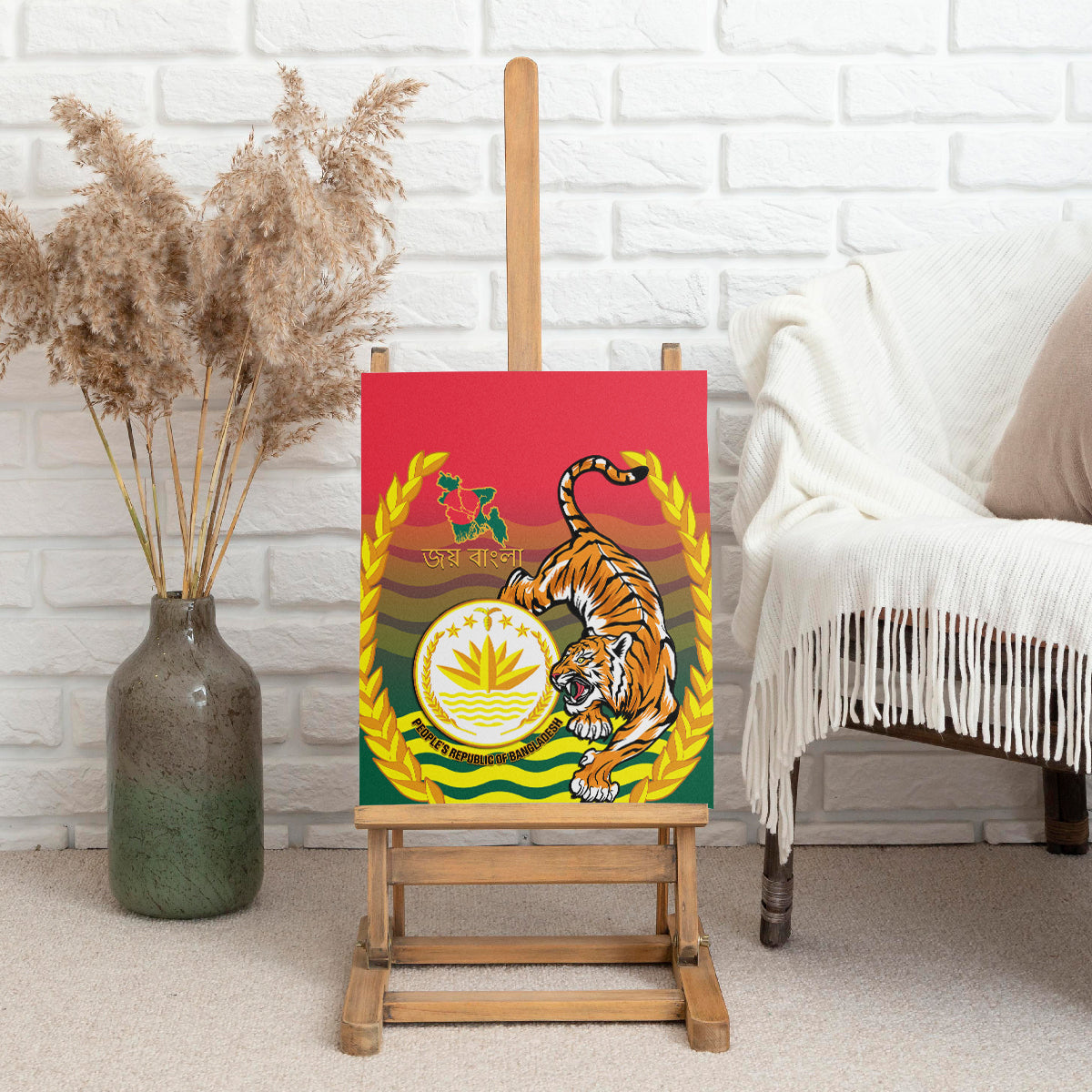 Bangladesh Independence Day Canvas Wall Art Royal Bengal Tiger With Coat Of Arms - Wonder Print Shop