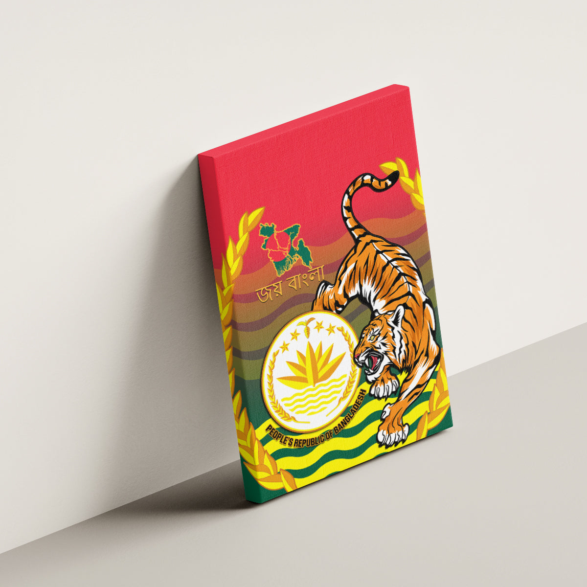 Bangladesh Independence Day Canvas Wall Art Royal Bengal Tiger With Coat Of Arms - Wonder Print Shop