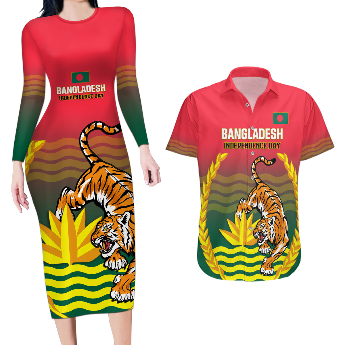 Bangladesh Independence Day Couples Matching Long Sleeve Bodycon Dress and Hawaiian Shirt Royal Bengal Tiger With Coat Of Arms - Wonder Print Shop