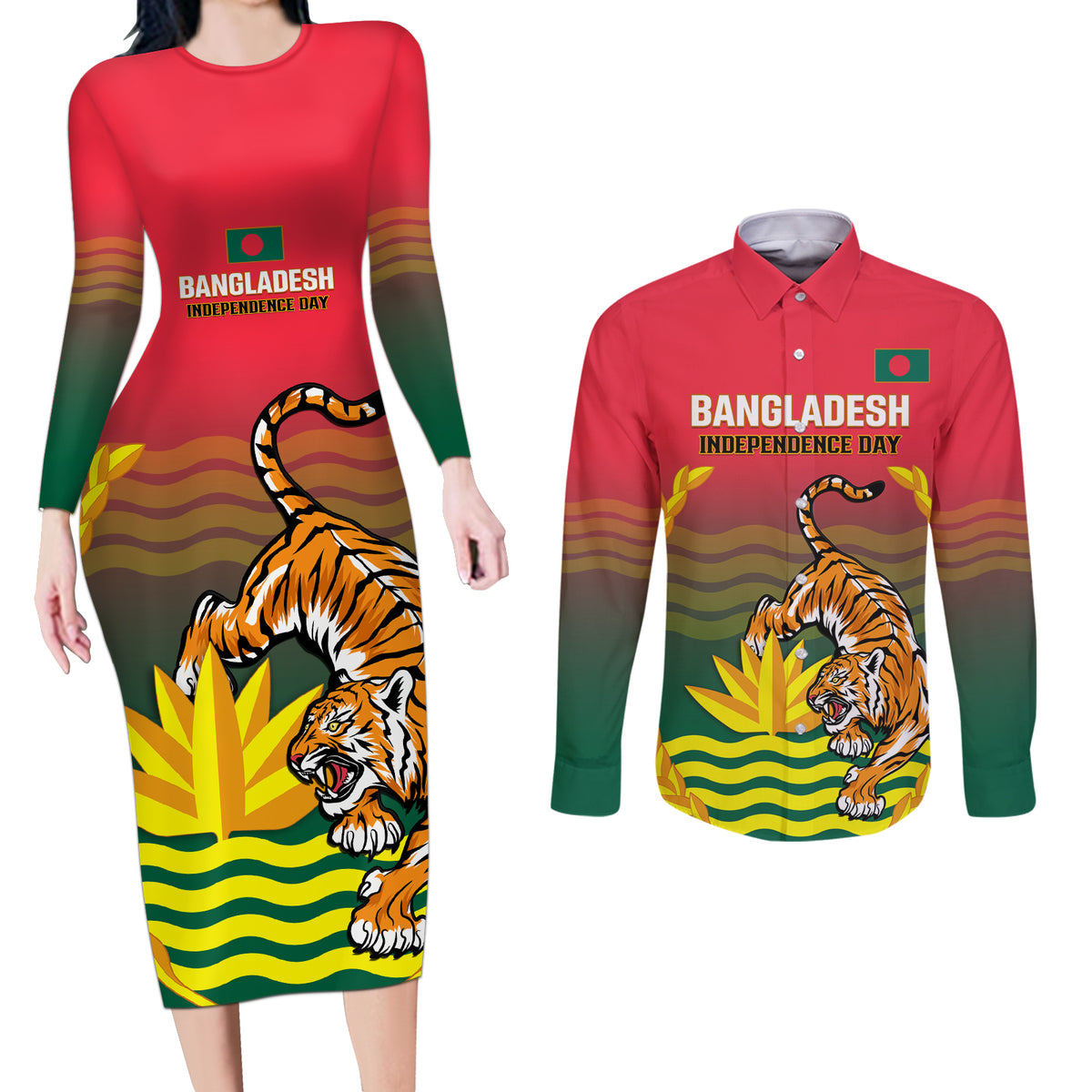 Bangladesh Independence Day Couples Matching Long Sleeve Bodycon Dress and Long Sleeve Button Shirt Royal Bengal Tiger With Coat Of Arms - Wonder Print Shop