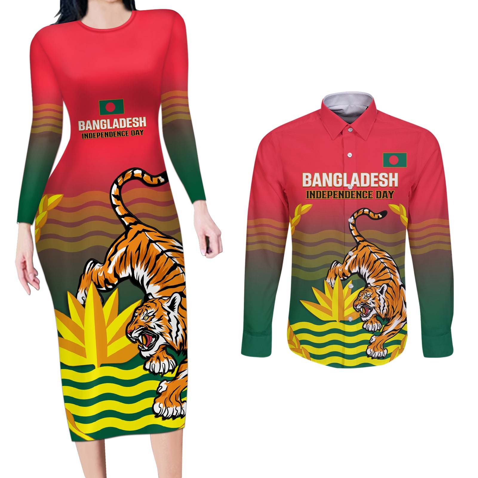 Bangladesh Independence Day Couples Matching Long Sleeve Bodycon Dress and Long Sleeve Button Shirt Royal Bengal Tiger With Coat Of Arms