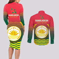 Bangladesh Independence Day Couples Matching Long Sleeve Bodycon Dress and Long Sleeve Button Shirt Royal Bengal Tiger With Coat Of Arms - Wonder Print Shop