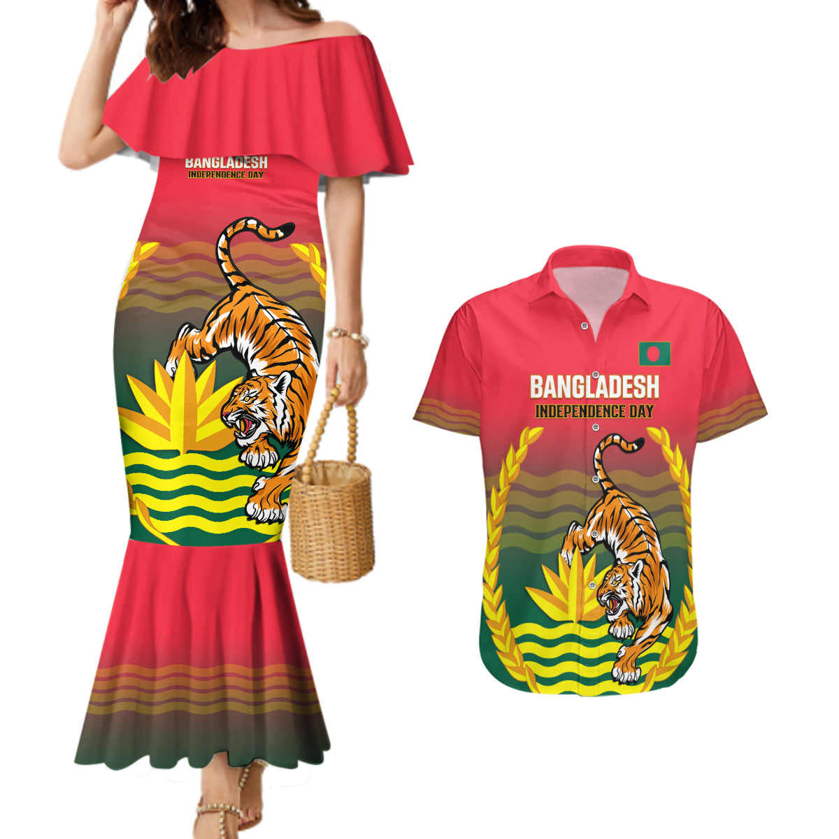 Bangladesh Independence Day Couples Matching Mermaid Dress and Hawaiian Shirt Royal Bengal Tiger With Coat Of Arms - Wonder Print Shop