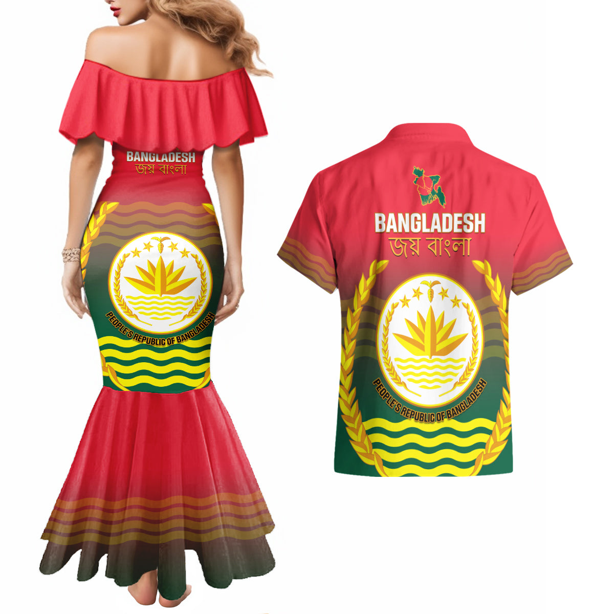 Bangladesh Independence Day Couples Matching Mermaid Dress and Hawaiian Shirt Royal Bengal Tiger With Coat Of Arms - Wonder Print Shop