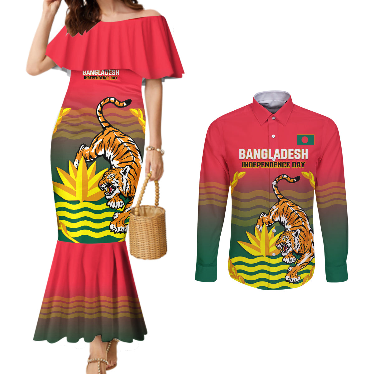 Bangladesh Independence Day Couples Matching Mermaid Dress and Long Sleeve Button Shirt Royal Bengal Tiger With Coat Of Arms