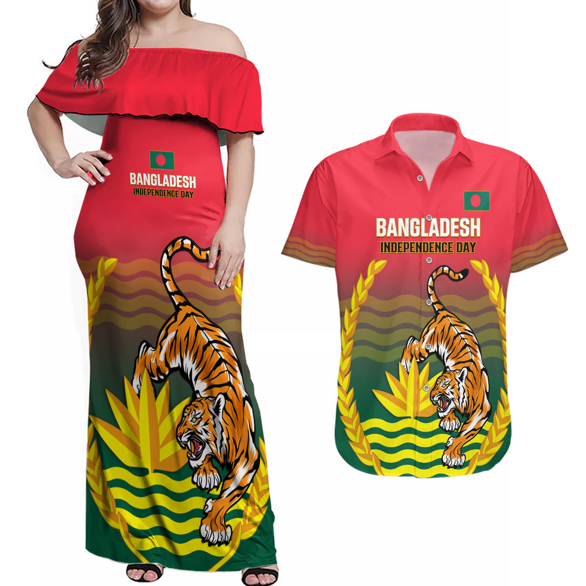 Bangladesh Independence Day Couples Matching Off Shoulder Maxi Dress and Hawaiian Shirt Royal Bengal Tiger With Coat Of Arms - Wonder Print Shop