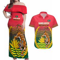 Bangladesh Independence Day Couples Matching Off Shoulder Maxi Dress and Hawaiian Shirt Royal Bengal Tiger With Coat Of Arms - Wonder Print Shop