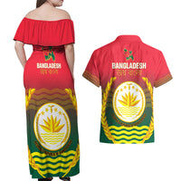 Bangladesh Independence Day Couples Matching Off Shoulder Maxi Dress and Hawaiian Shirt Royal Bengal Tiger With Coat Of Arms - Wonder Print Shop