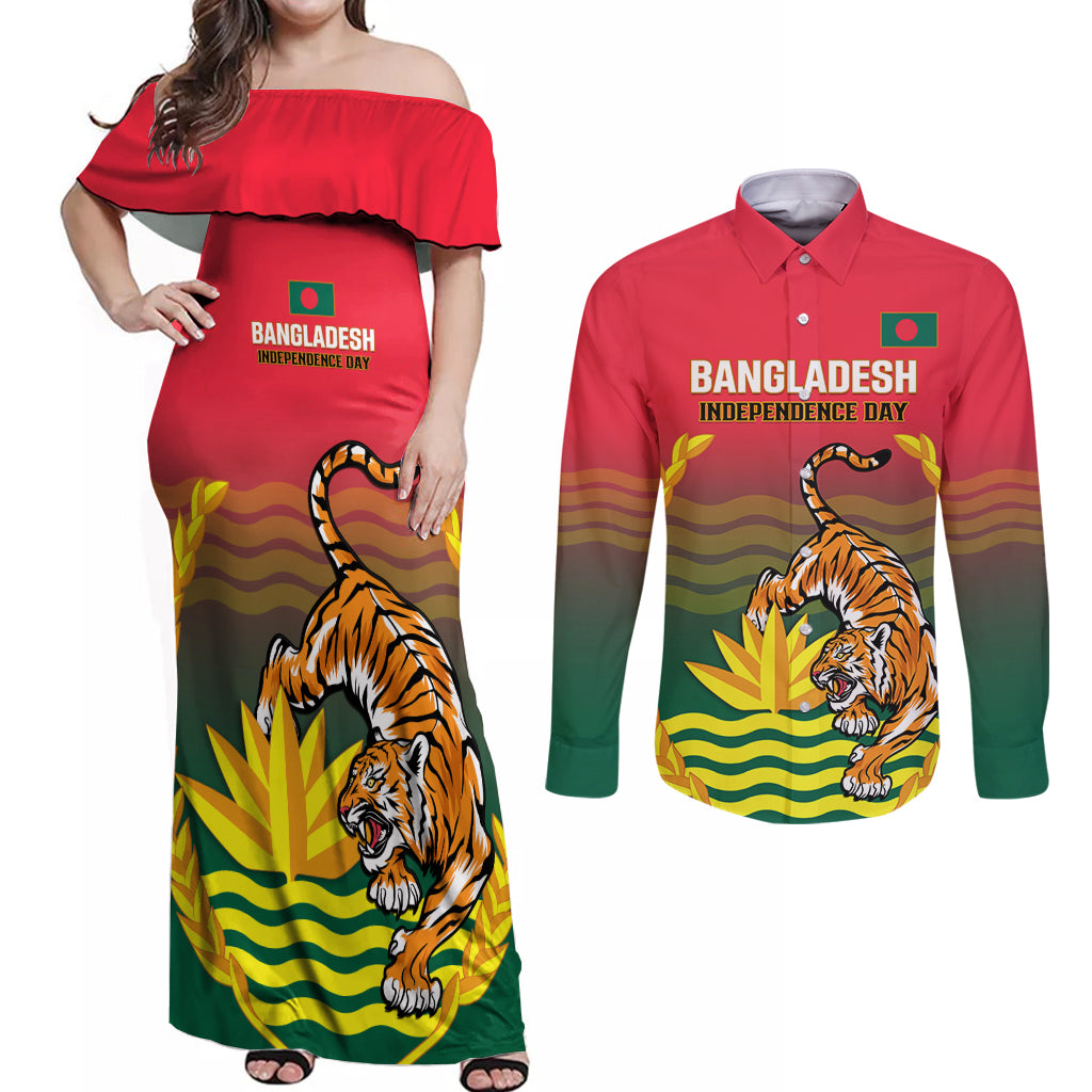 Bangladesh Independence Day Couples Matching Off Shoulder Maxi Dress and Long Sleeve Button Shirt Royal Bengal Tiger With Coat Of Arms - Wonder Print Shop