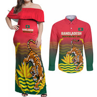Bangladesh Independence Day Couples Matching Off Shoulder Maxi Dress and Long Sleeve Button Shirt Royal Bengal Tiger With Coat Of Arms - Wonder Print Shop