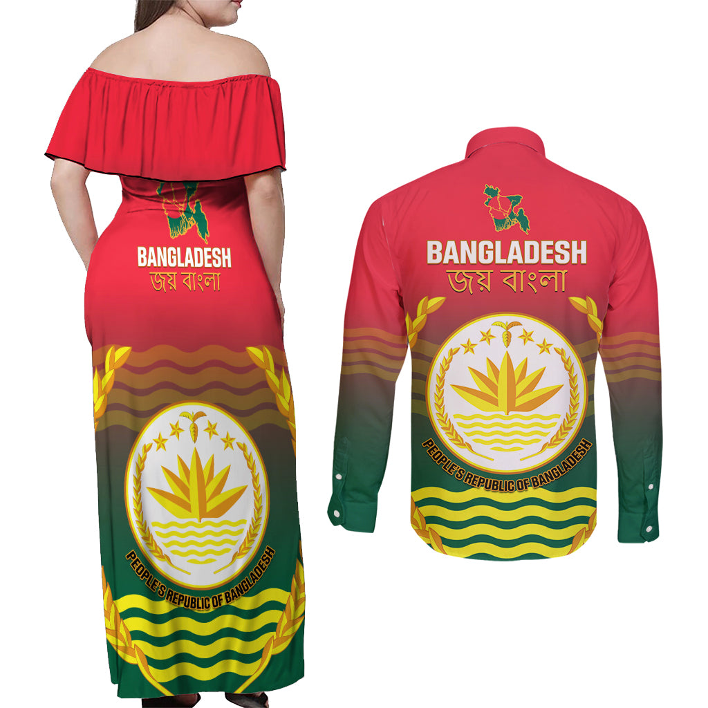 Bangladesh Independence Day Couples Matching Off Shoulder Maxi Dress and Long Sleeve Button Shirt Royal Bengal Tiger With Coat Of Arms - Wonder Print Shop