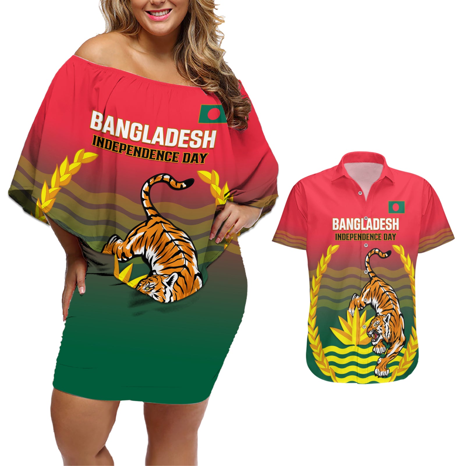 Bangladesh Independence Day Couples Matching Off Shoulder Short Dress and Hawaiian Shirt Royal Bengal Tiger With Coat Of Arms
