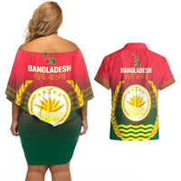 Bangladesh Independence Day Couples Matching Off Shoulder Short Dress and Hawaiian Shirt Royal Bengal Tiger With Coat Of Arms - Wonder Print Shop