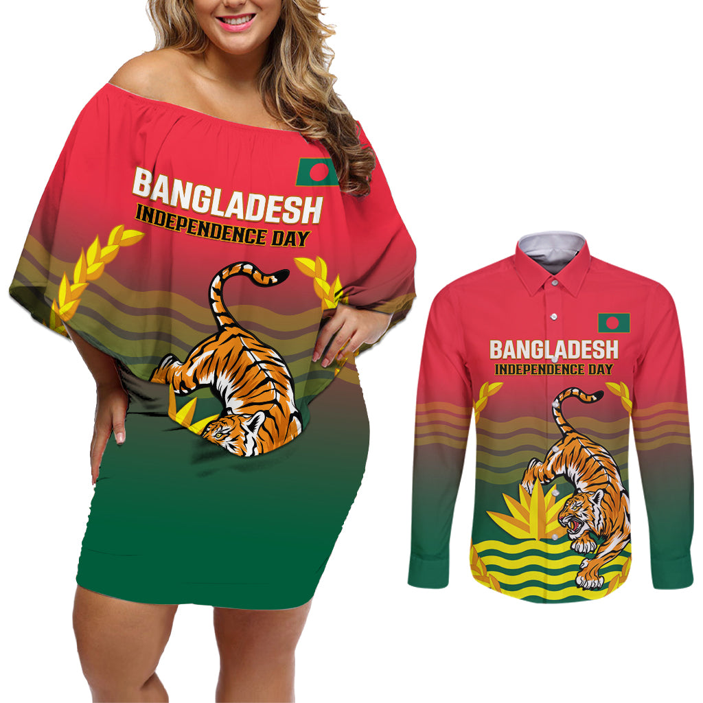 Bangladesh Independence Day Couples Matching Off Shoulder Short Dress and Long Sleeve Button Shirt Royal Bengal Tiger With Coat Of Arms