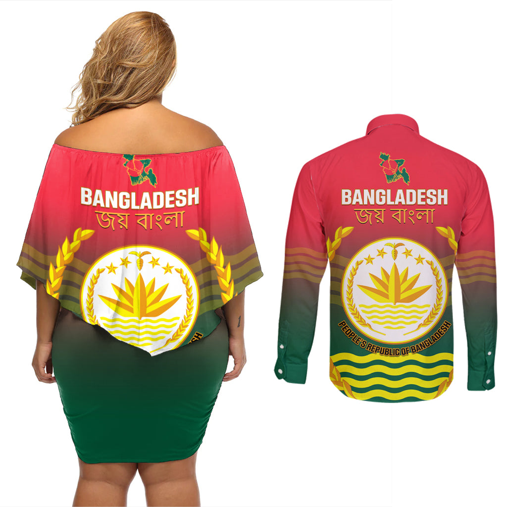 Bangladesh Independence Day Couples Matching Off Shoulder Short Dress and Long Sleeve Button Shirt Royal Bengal Tiger With Coat Of Arms - Wonder Print Shop