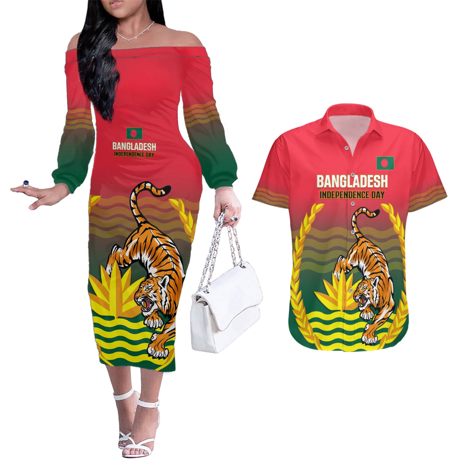 Bangladesh Independence Day Couples Matching Off The Shoulder Long Sleeve Dress and Hawaiian Shirt Royal Bengal Tiger With Coat Of Arms