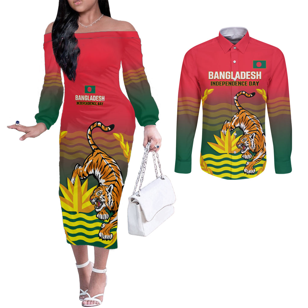Bangladesh Independence Day Couples Matching Off The Shoulder Long Sleeve Dress and Long Sleeve Button Shirt Royal Bengal Tiger With Coat Of Arms