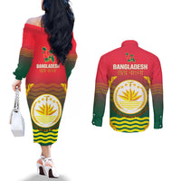 Bangladesh Independence Day Couples Matching Off The Shoulder Long Sleeve Dress and Long Sleeve Button Shirt Royal Bengal Tiger With Coat Of Arms