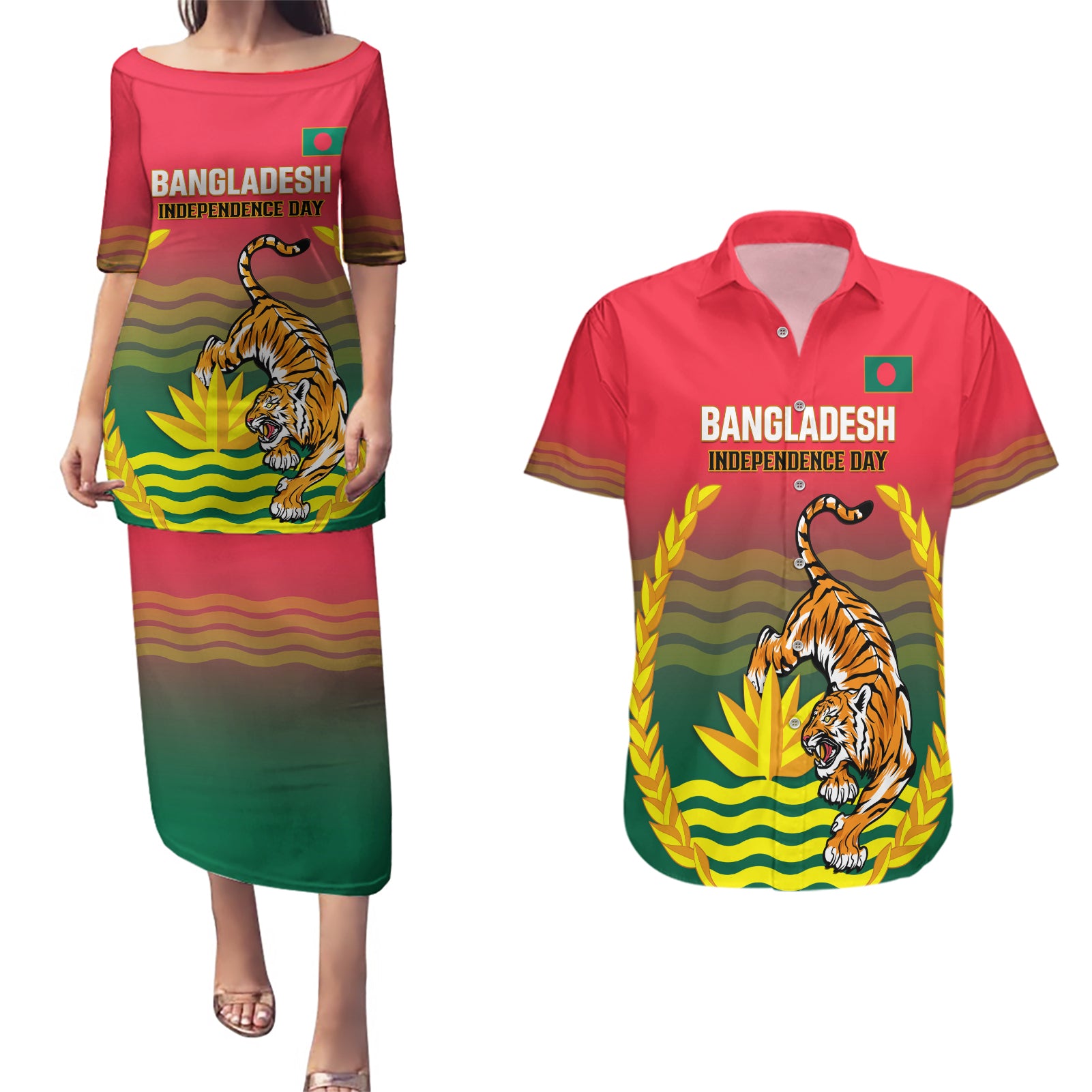 Bangladesh Independence Day Couples Matching Puletasi and Hawaiian Shirt Royal Bengal Tiger With Coat Of Arms