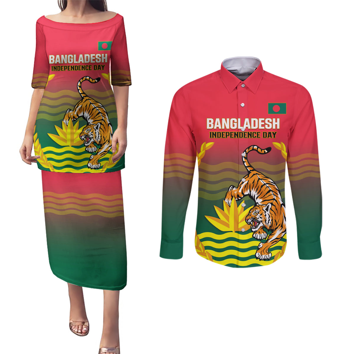 Bangladesh Independence Day Couples Matching Puletasi and Long Sleeve Button Shirt Royal Bengal Tiger With Coat Of Arms - Wonder Print Shop