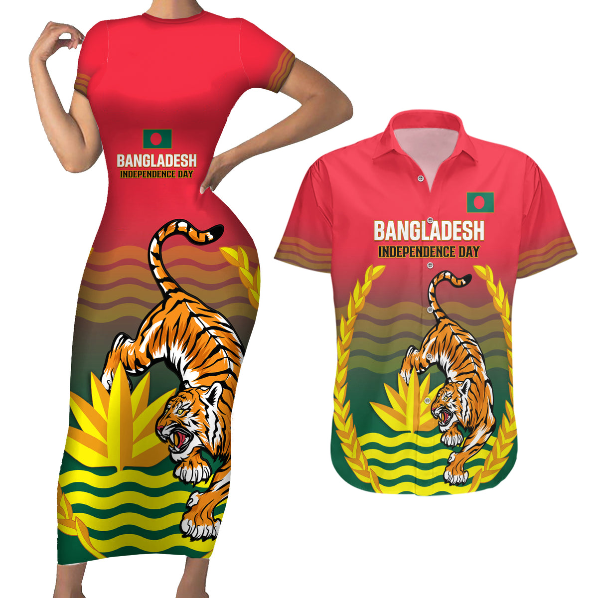 Bangladesh Independence Day Couples Matching Short Sleeve Bodycon Dress and Hawaiian Shirt Royal Bengal Tiger With Coat Of Arms - Wonder Print Shop