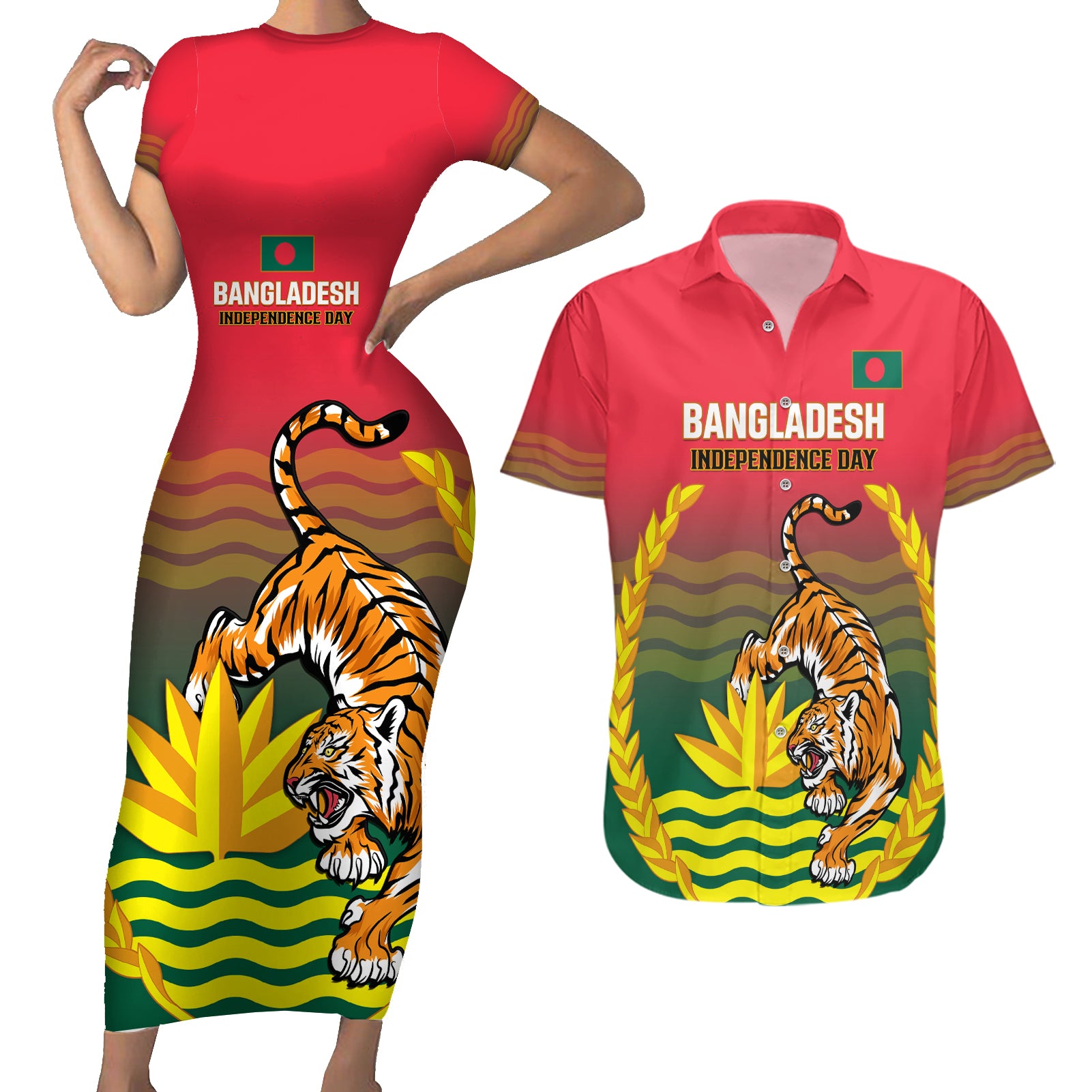 Bangladesh Independence Day Couples Matching Short Sleeve Bodycon Dress and Hawaiian Shirt Royal Bengal Tiger With Coat Of Arms