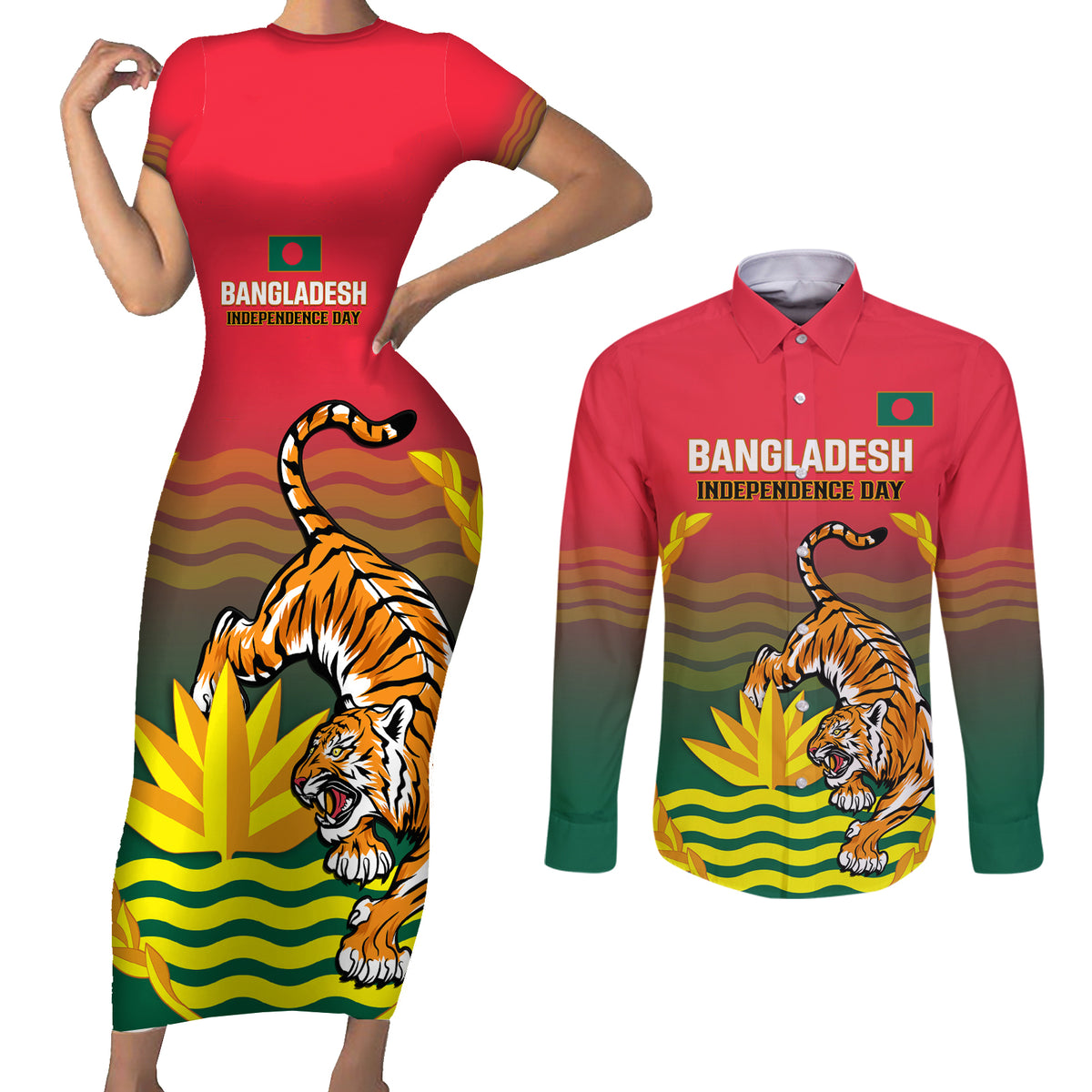 Bangladesh Independence Day Couples Matching Short Sleeve Bodycon Dress and Long Sleeve Button Shirt Royal Bengal Tiger With Coat Of Arms - Wonder Print Shop