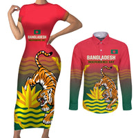 Bangladesh Independence Day Couples Matching Short Sleeve Bodycon Dress and Long Sleeve Button Shirt Royal Bengal Tiger With Coat Of Arms - Wonder Print Shop