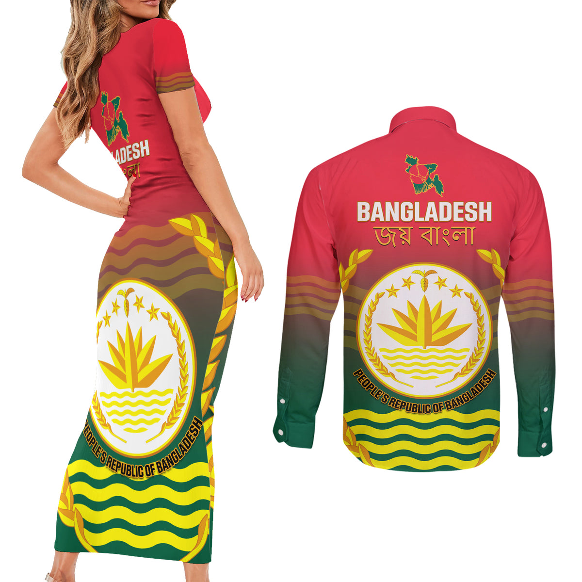 Bangladesh Independence Day Couples Matching Short Sleeve Bodycon Dress and Long Sleeve Button Shirt Royal Bengal Tiger With Coat Of Arms - Wonder Print Shop
