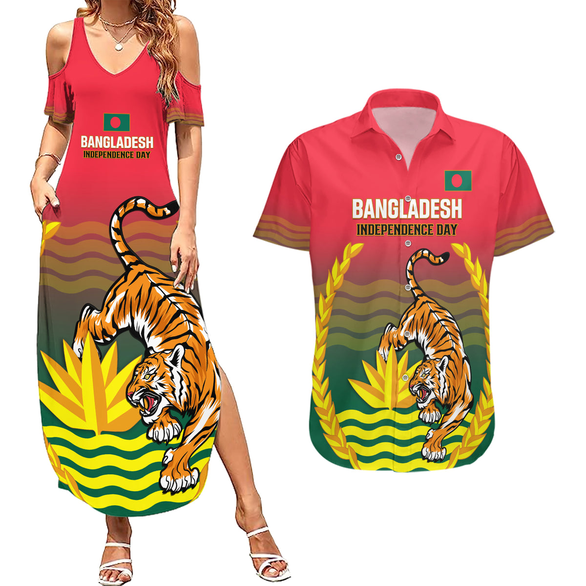 Bangladesh Independence Day Couples Matching Summer Maxi Dress and Hawaiian Shirt Royal Bengal Tiger With Coat Of Arms - Wonder Print Shop