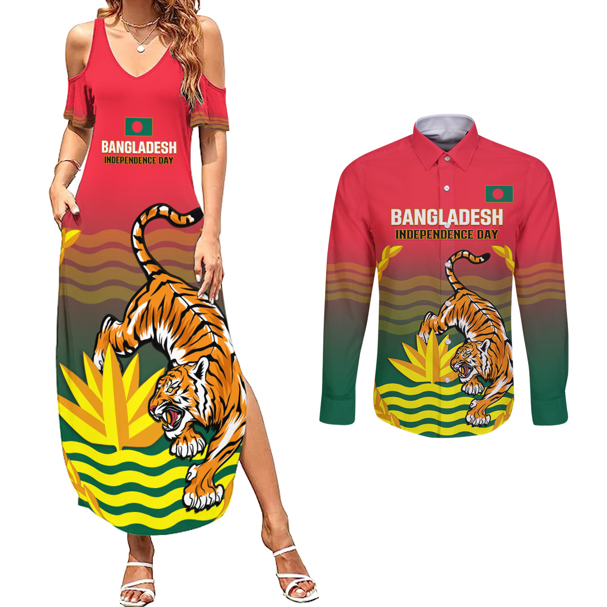 Bangladesh Independence Day Couples Matching Summer Maxi Dress and Long Sleeve Button Shirt Royal Bengal Tiger With Coat Of Arms