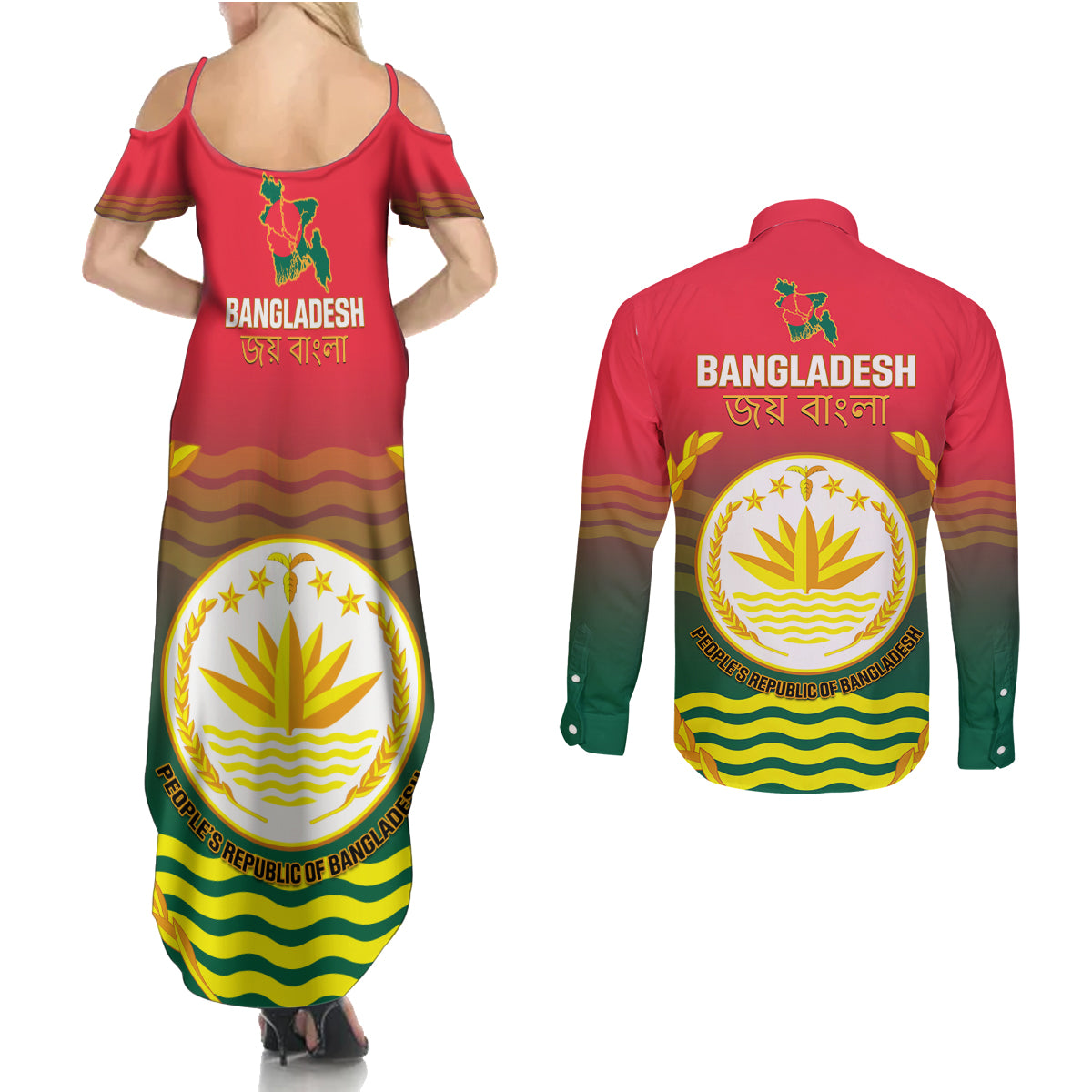 Bangladesh Independence Day Couples Matching Summer Maxi Dress and Long Sleeve Button Shirt Royal Bengal Tiger With Coat Of Arms - Wonder Print Shop