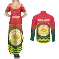 Bangladesh Independence Day Couples Matching Summer Maxi Dress and Long Sleeve Button Shirt Royal Bengal Tiger With Coat Of Arms - Wonder Print Shop