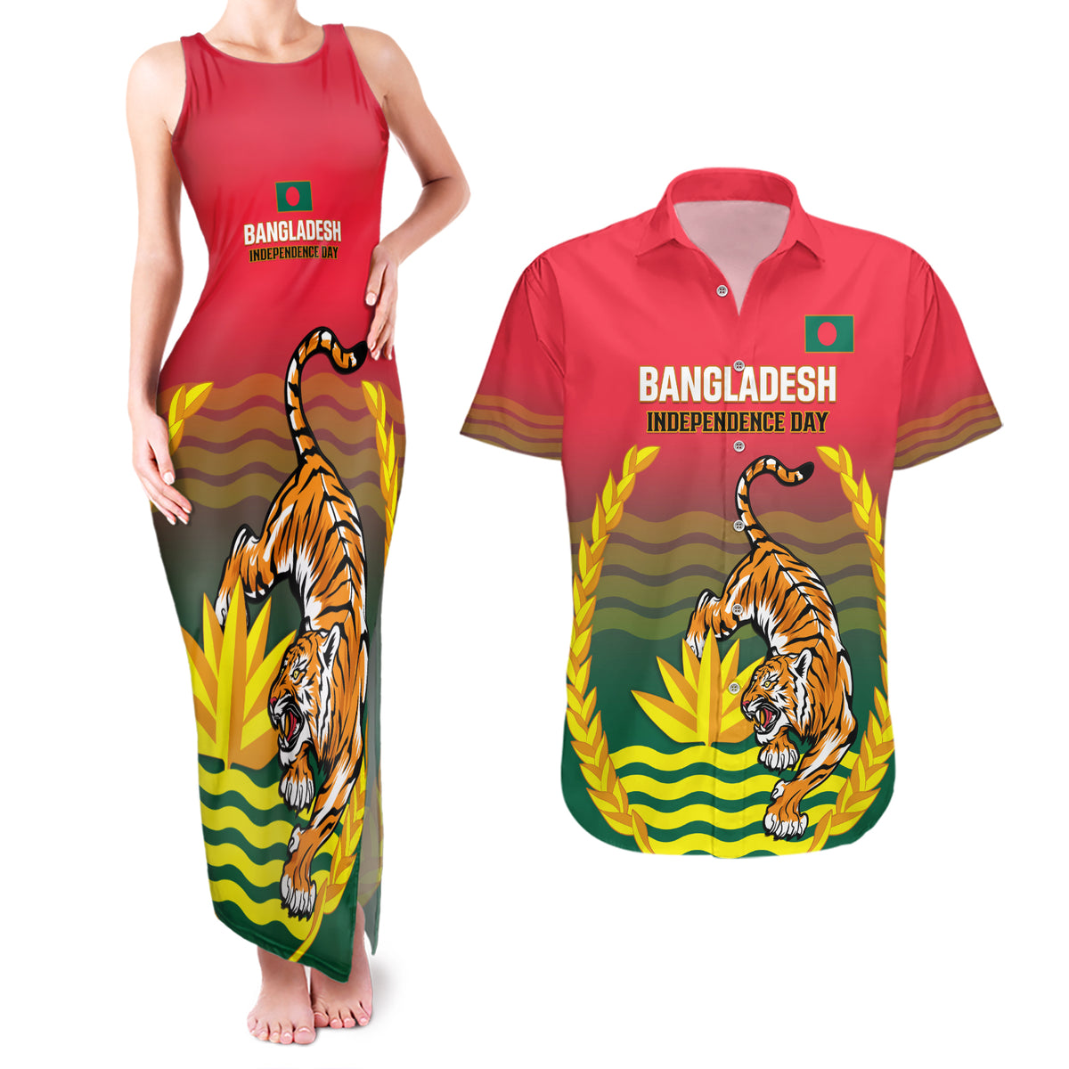 Bangladesh Independence Day Couples Matching Tank Maxi Dress and Hawaiian Shirt Royal Bengal Tiger With Coat Of Arms - Wonder Print Shop