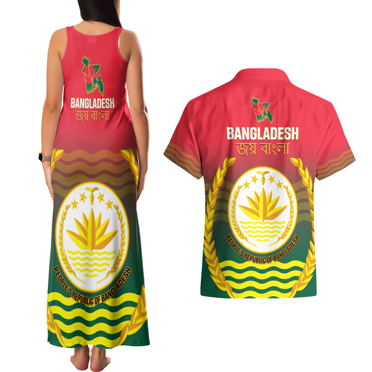 Bangladesh Independence Day Couples Matching Tank Maxi Dress and Hawaiian Shirt Royal Bengal Tiger With Coat Of Arms - Wonder Print Shop
